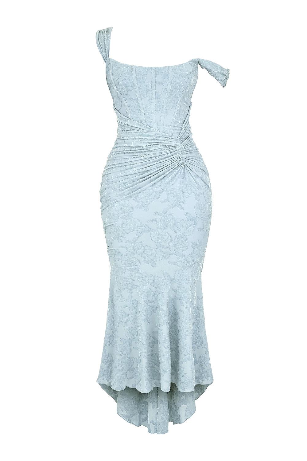 Square Neck Corset Bodice Lace High Low Fishtail Maxi Dress