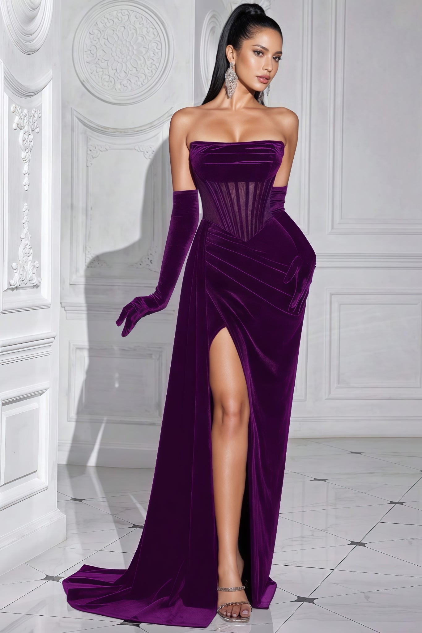 Paisley Purple Velvet Fishbone Maxi Dress - View 3