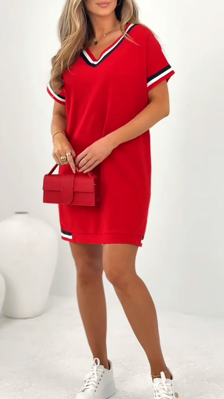V-Neck Short Sleeve Varsity Striped Trim Mini Dress 3