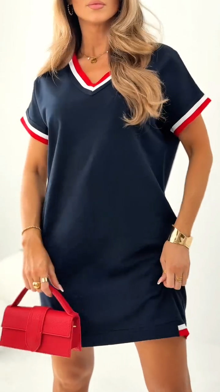 V-Neck Short Sleeve Varsity Striped Trim Mini Dress 5