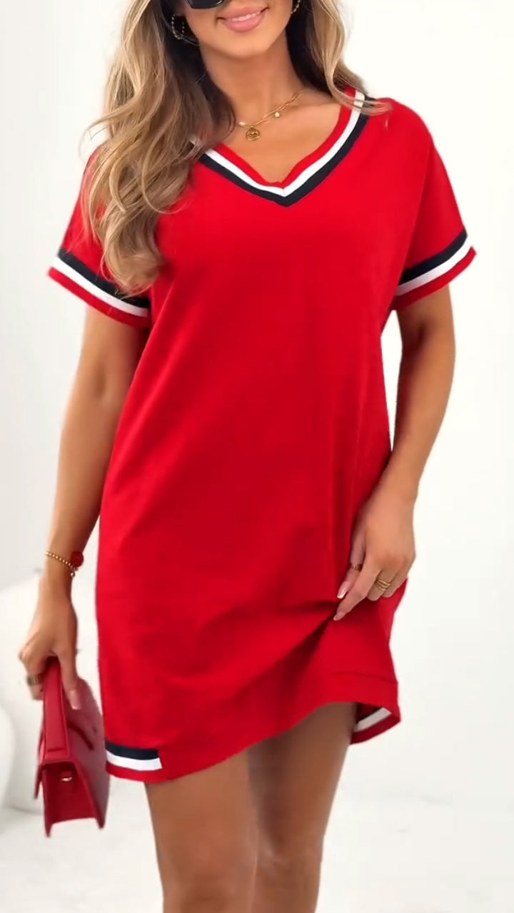 V-Neck Short Sleeve Varsity Striped Trim Mini Dress 2