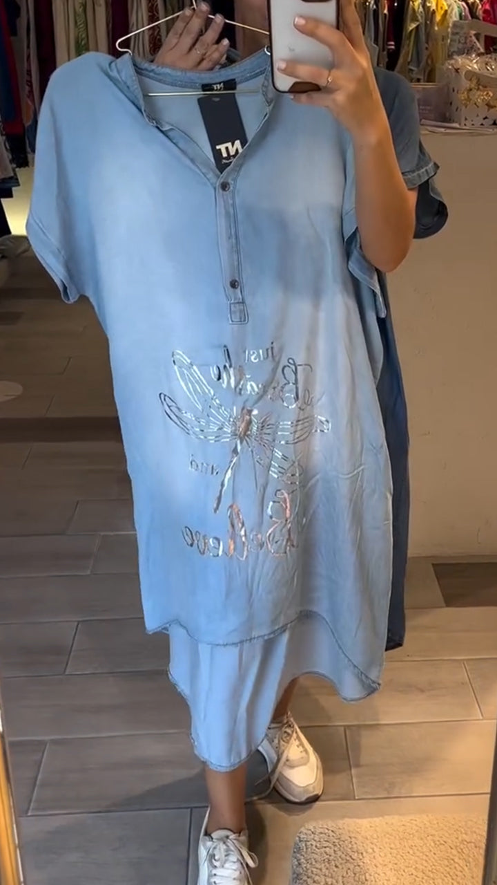 Dragonfly Print Short Sleeve Denim Shift Midi Dress 5