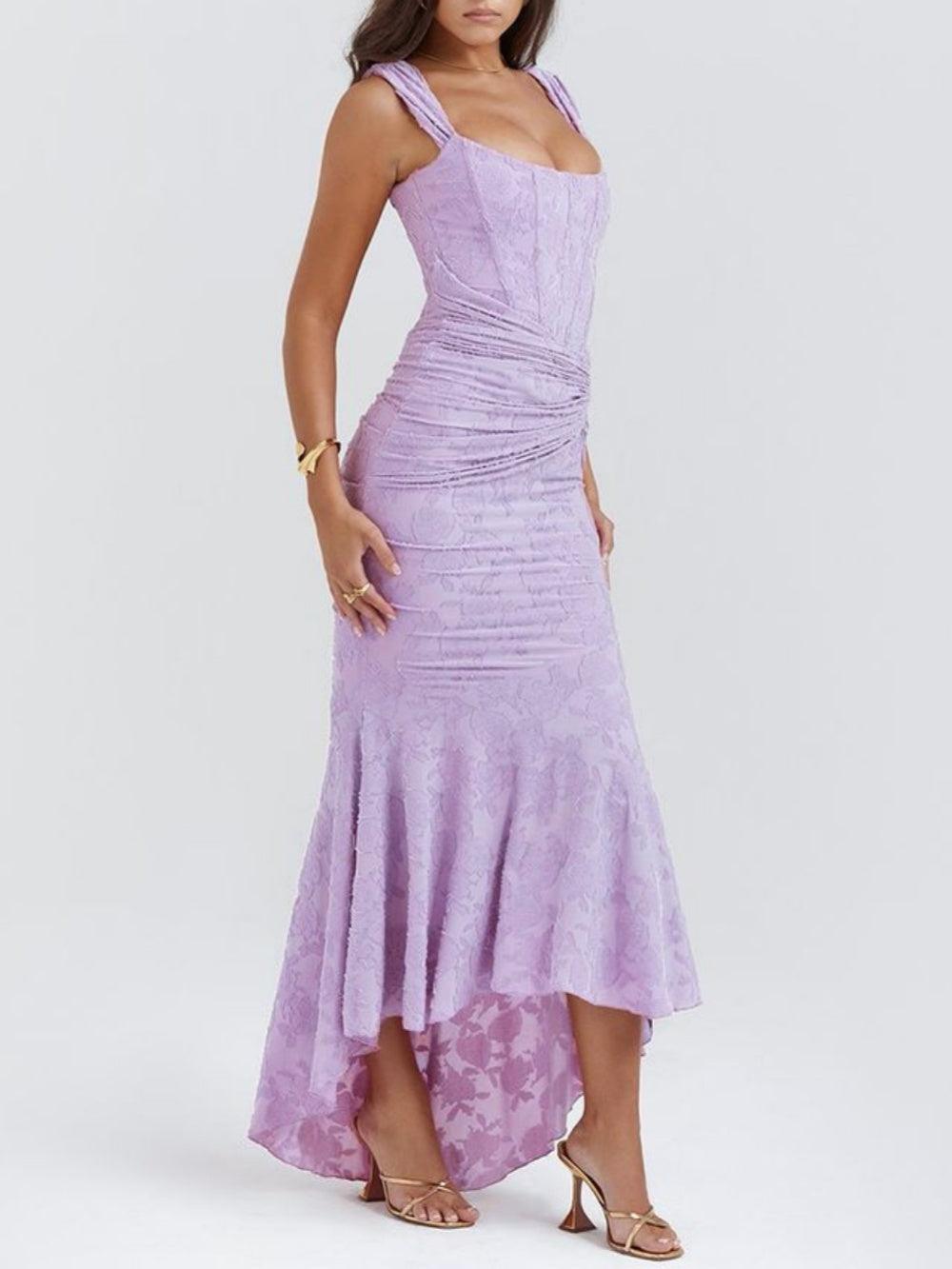 Square Neck Corset Bodice Lace High Low Fishtail Maxi Dress