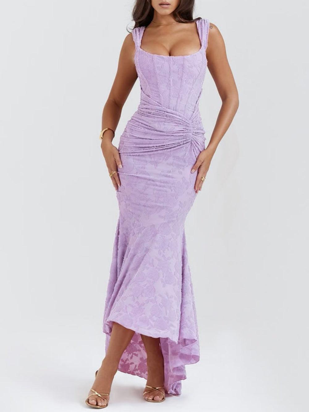 Square Neck Corset Bodice Lace High Low Fishtail Maxi Dress