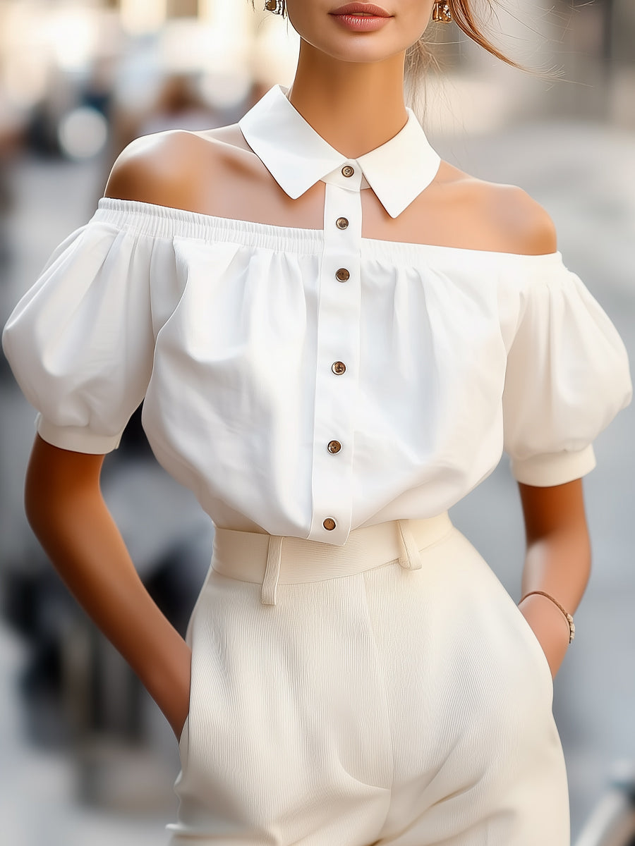 Off Shoulder Collared Button Front Puff Sleeve Top