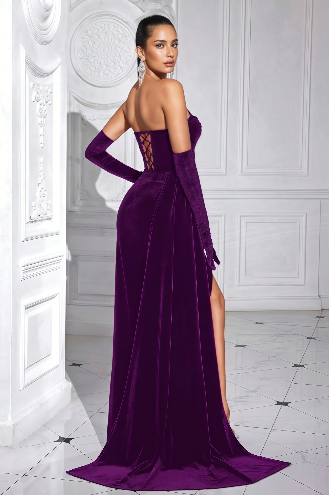 Paisley Purple Velvet Fishbone Maxi Dress - View 7