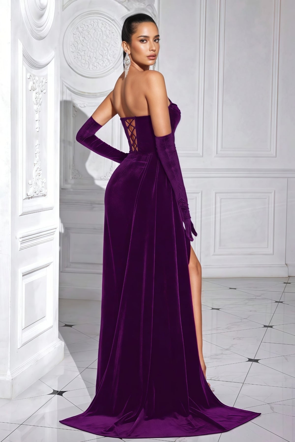 Velvet Strapless Corset Bodice High Split Maxi Gown with Gloves 7