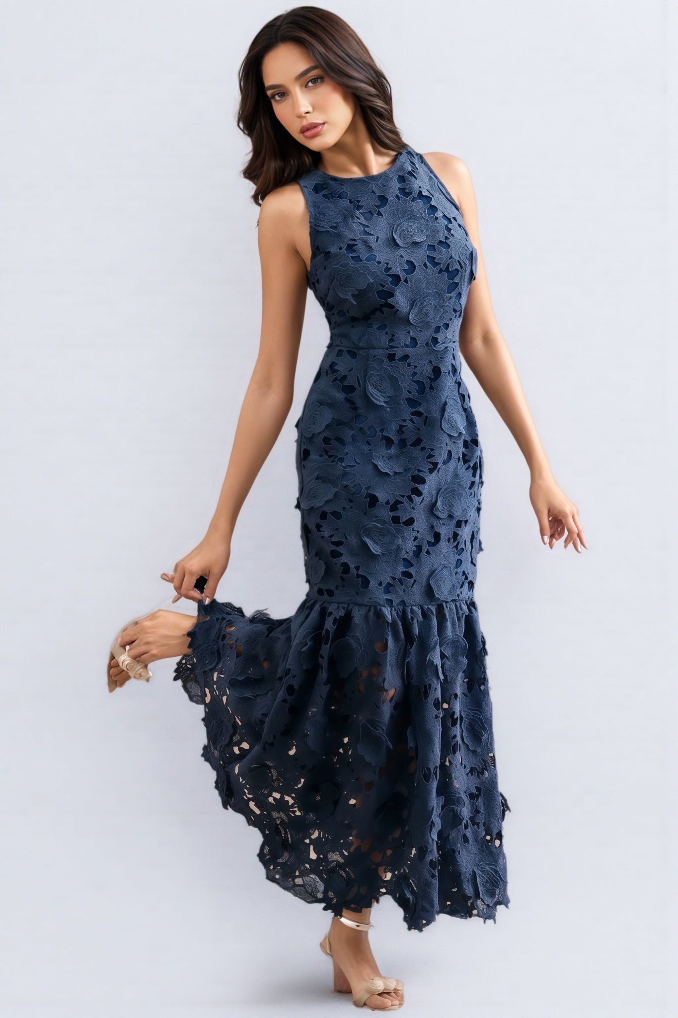 Almond Blue Sleeveless Lace Maxi Dress - View 3