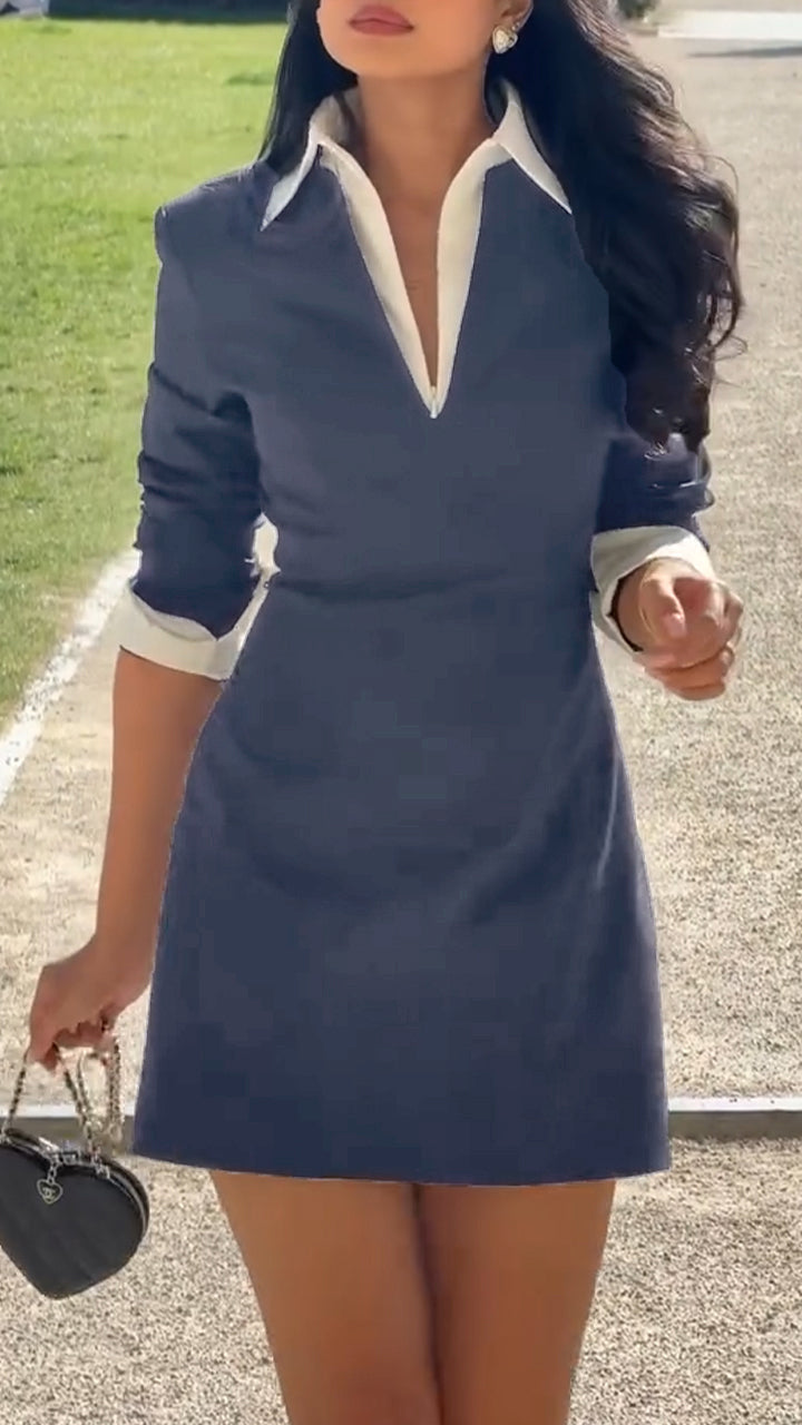 Collared V-Neck Long Sleeve Contrast Trim Mini Dress 6