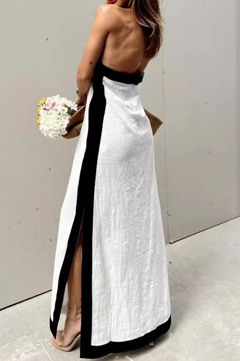 Halter Neck Keyhole High Split Contrast Trim Maxi Dress 3