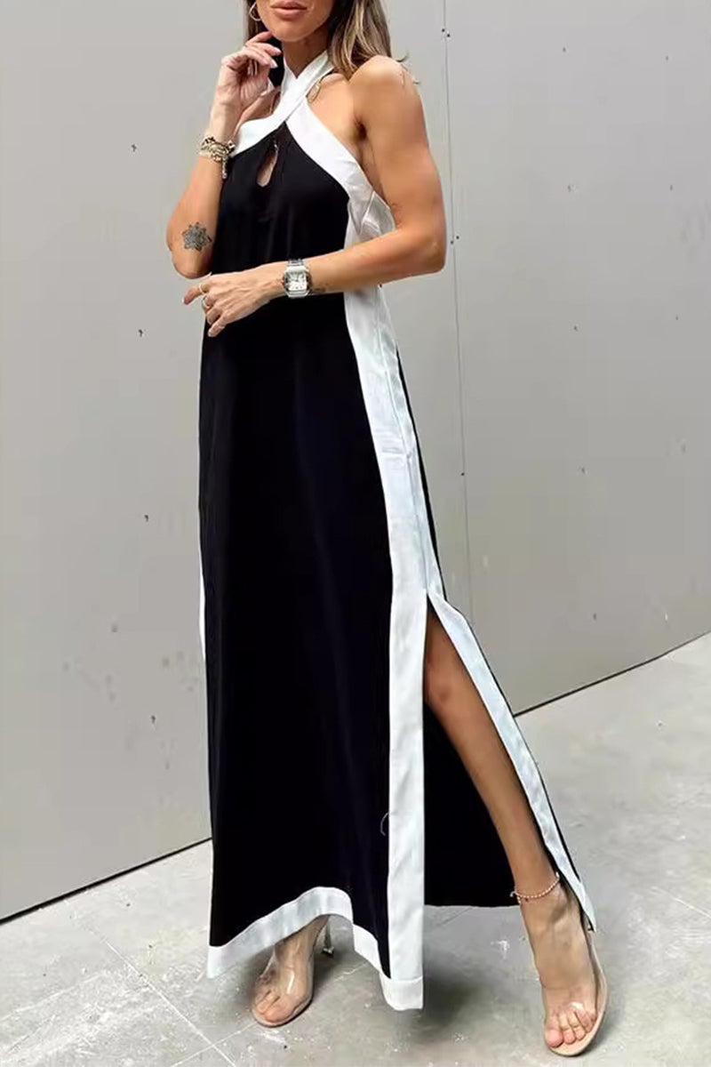 Halter Neck Keyhole High Split Contrast Trim Maxi Dress 5