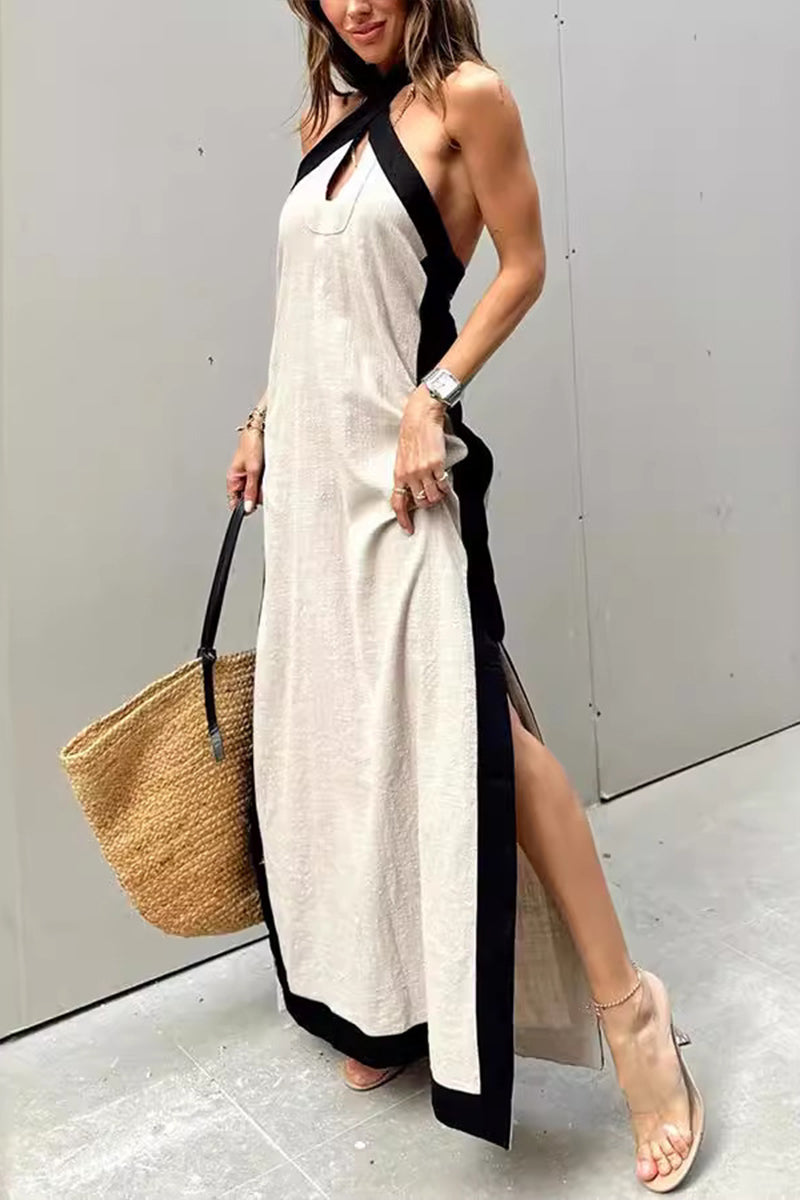 Halter Neck Keyhole High Split Contrast Trim Maxi Dress 6
