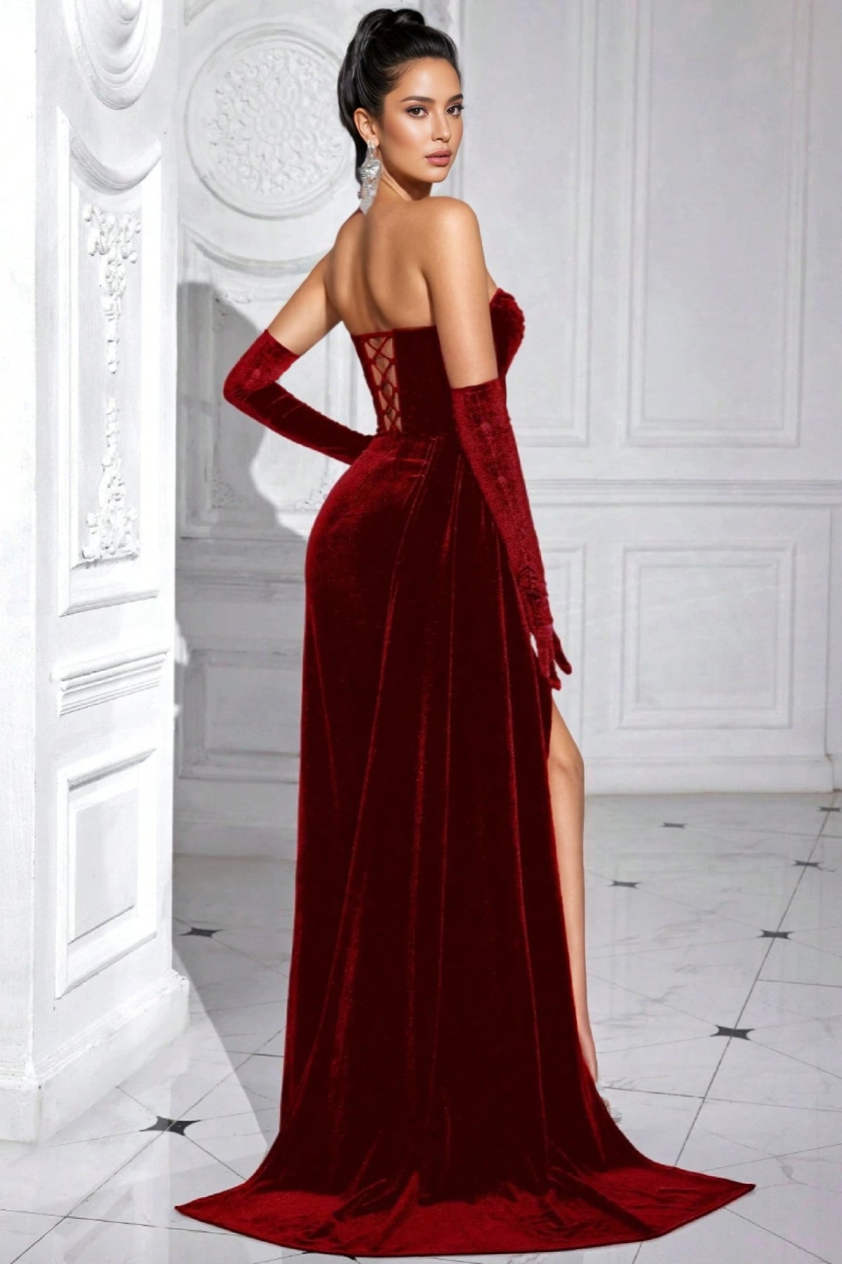Velvet Strapless Corset Ruched High Split Maxi Gown with Gloves 7