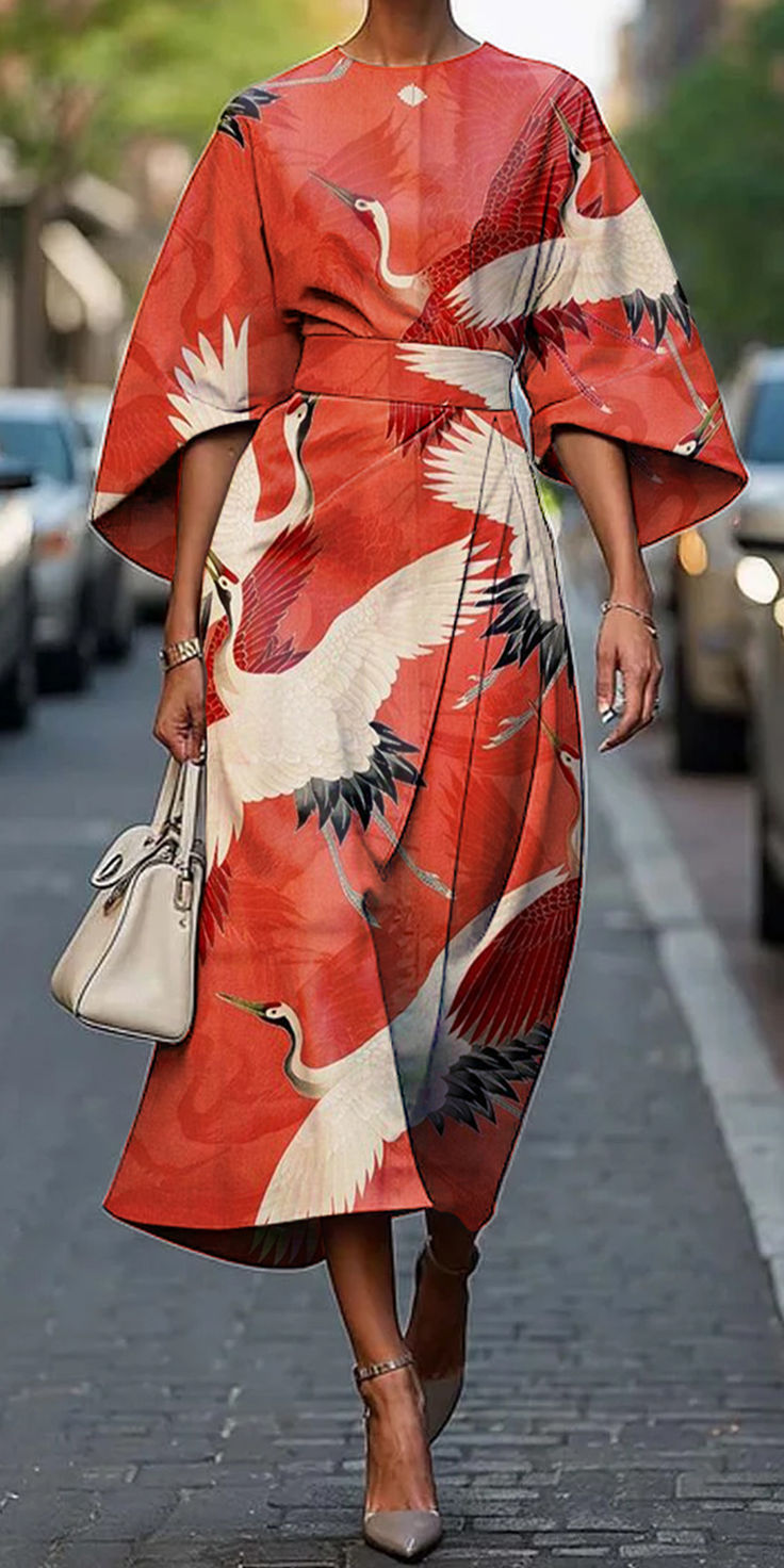 Women's Vintage Elegant Floral Print Midi Dress Red