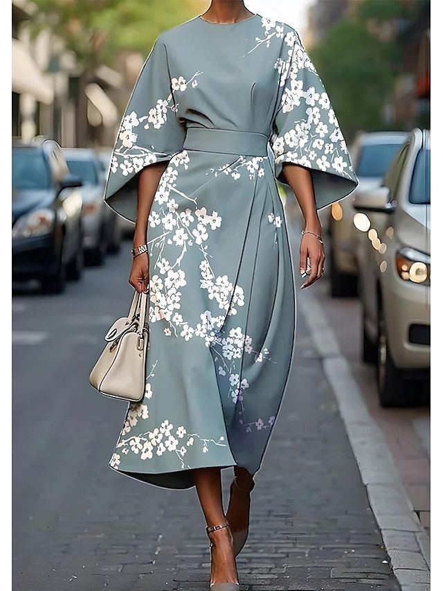 Women's Vintage Elegant Floral Print Midi Dress Blue-2