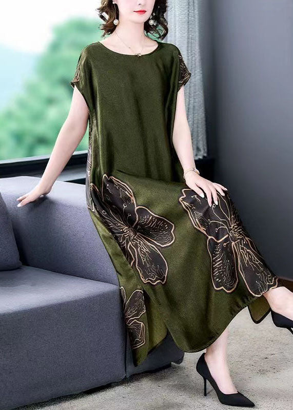Floral Print Cap Sleeve Round Neck Side Slit Satin Look Loose Midi Dress