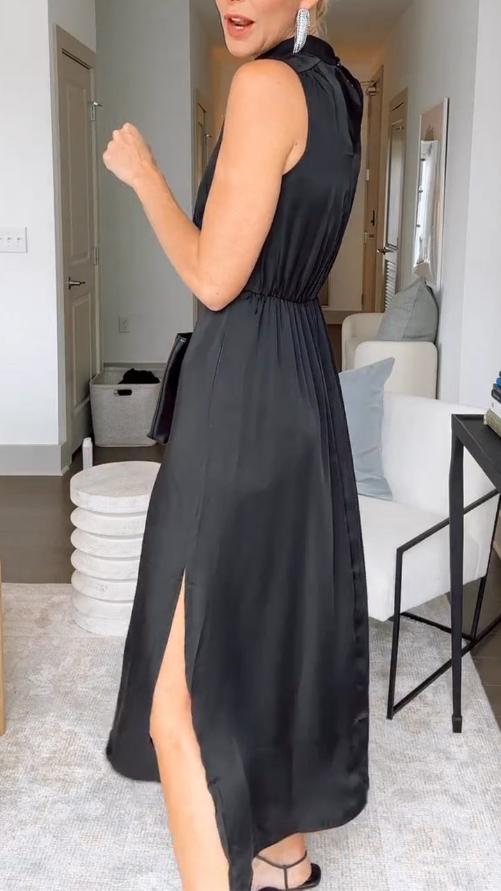 Satin High Neck Sleeveless A-Line Slit Midi Dress 3