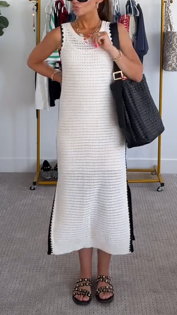 Crochet Knit Round Neck Sleeveless Contrast Trim Maxi Dress