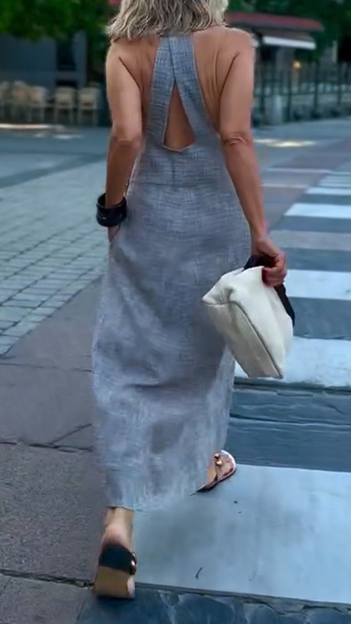 Deep V-Neck Halter Sleeveless Pocket Maxi Dress 3
