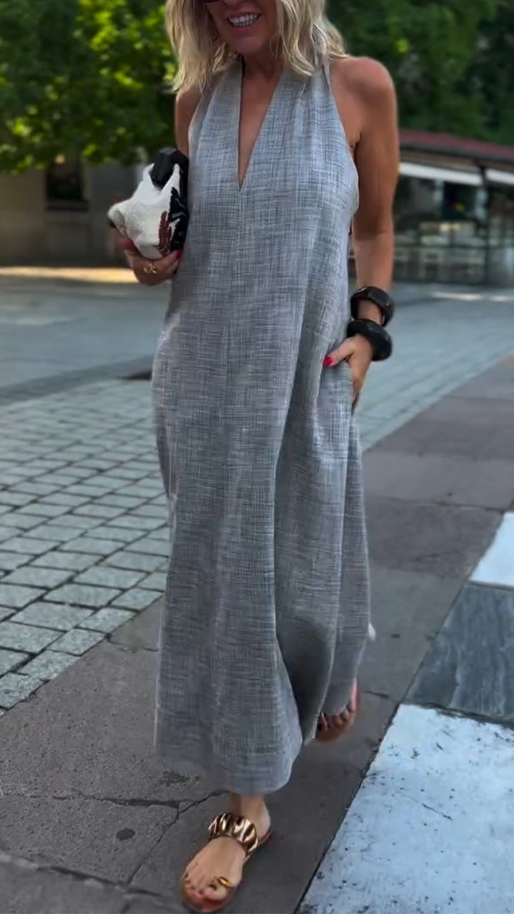 Deep V-Neck Halter Sleeveless Pocket Maxi Dress 2