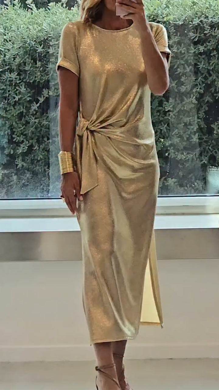 Metallic Short Sleeve Knot Front Slit Maxi Dress 4