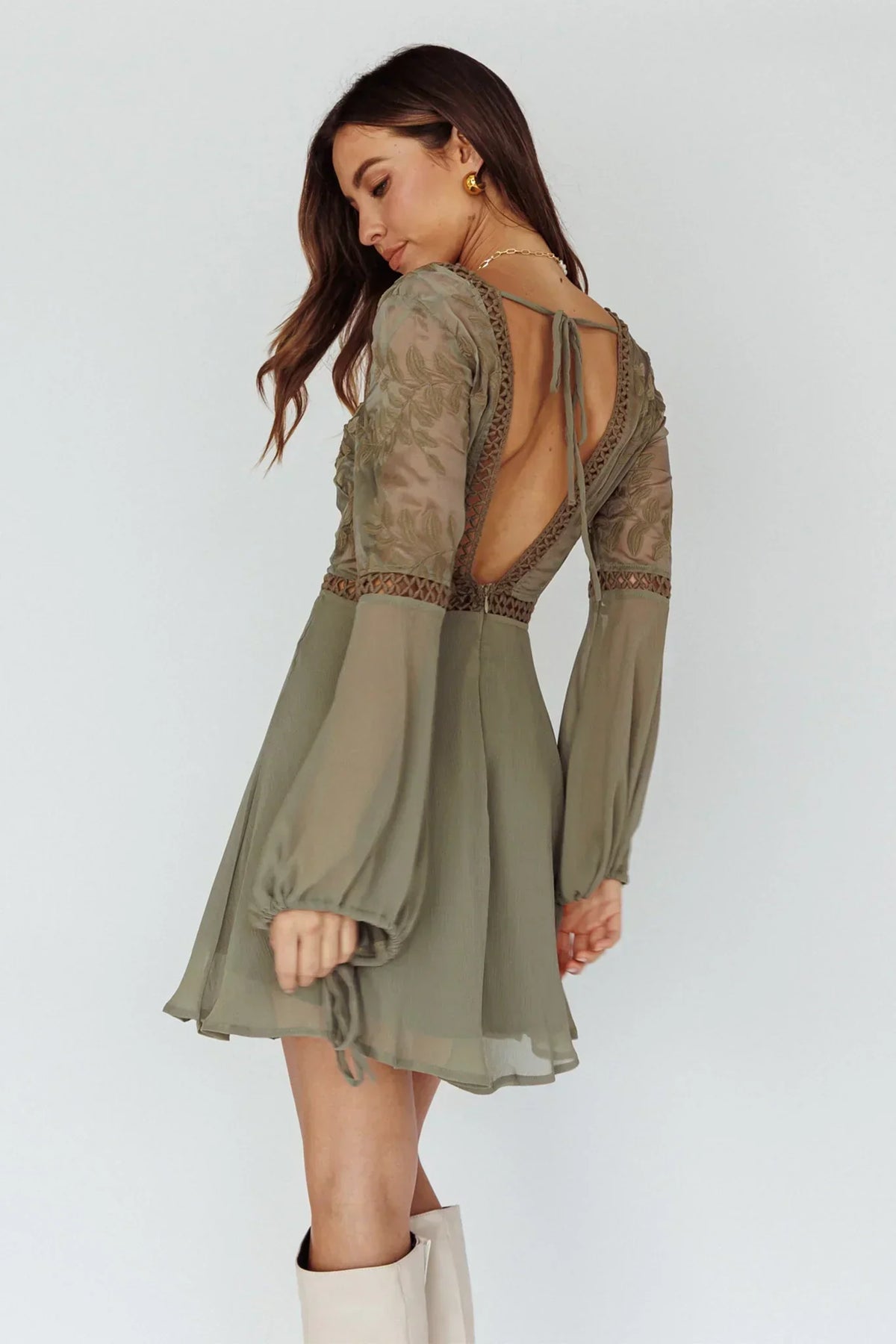 Embroidered Deep V-Neck Crochet Trim Balloon Sleeve Mini Dress 3