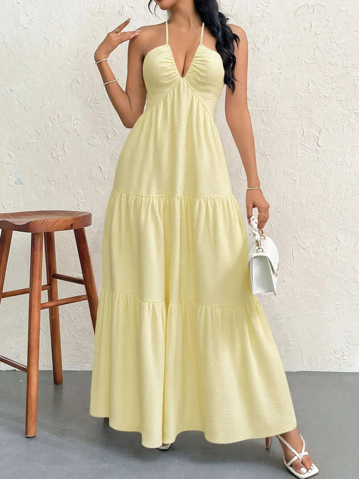 Halter Neck Deep V-Neck Sleeveless Tiered Maxi Dress 10