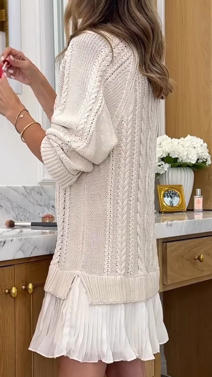 Cable Knit Long Sleeve Pleated Hem Sweater Mini Dress 3