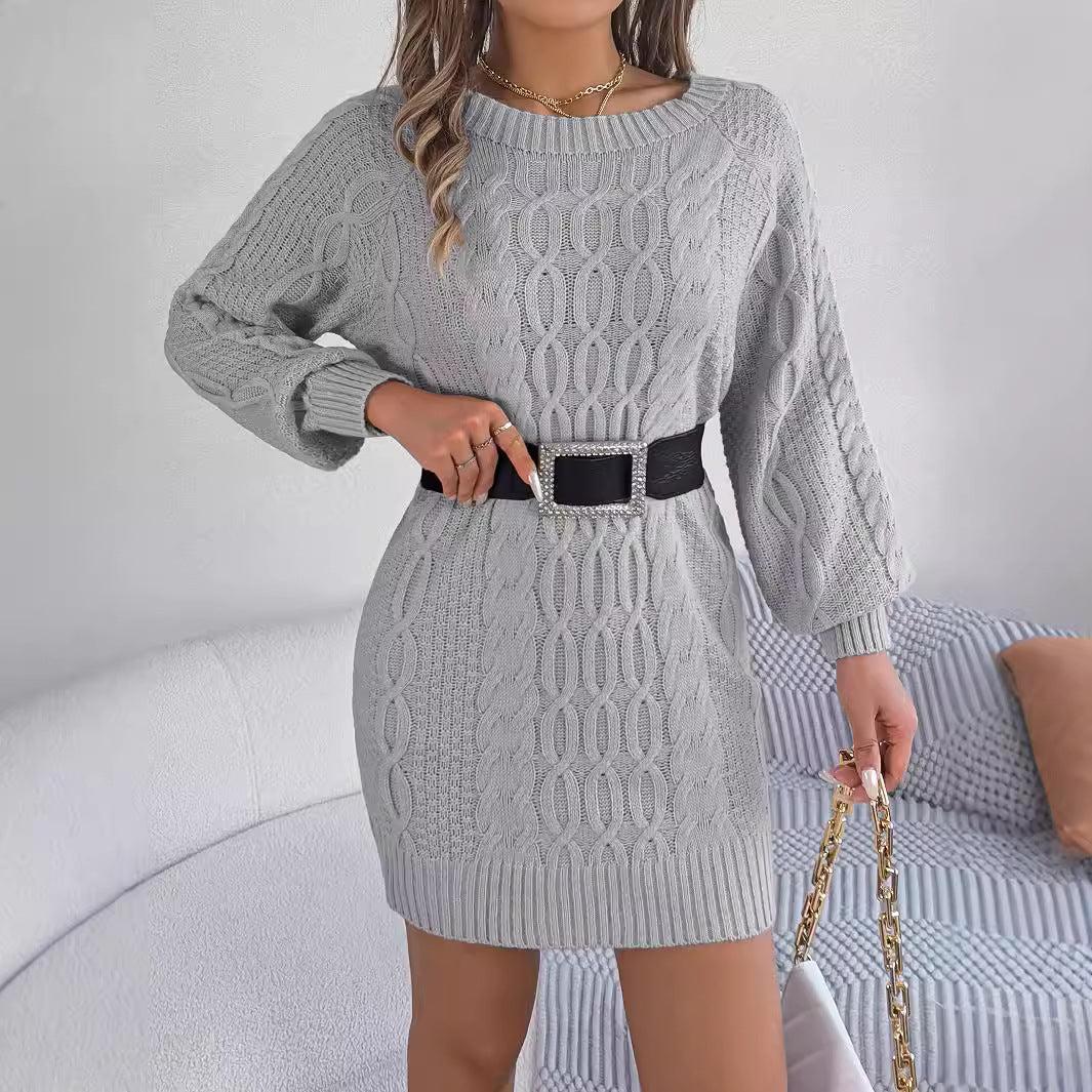 Cable Knit Boat Neck Long Sleeve Sweater Mini Dress 6