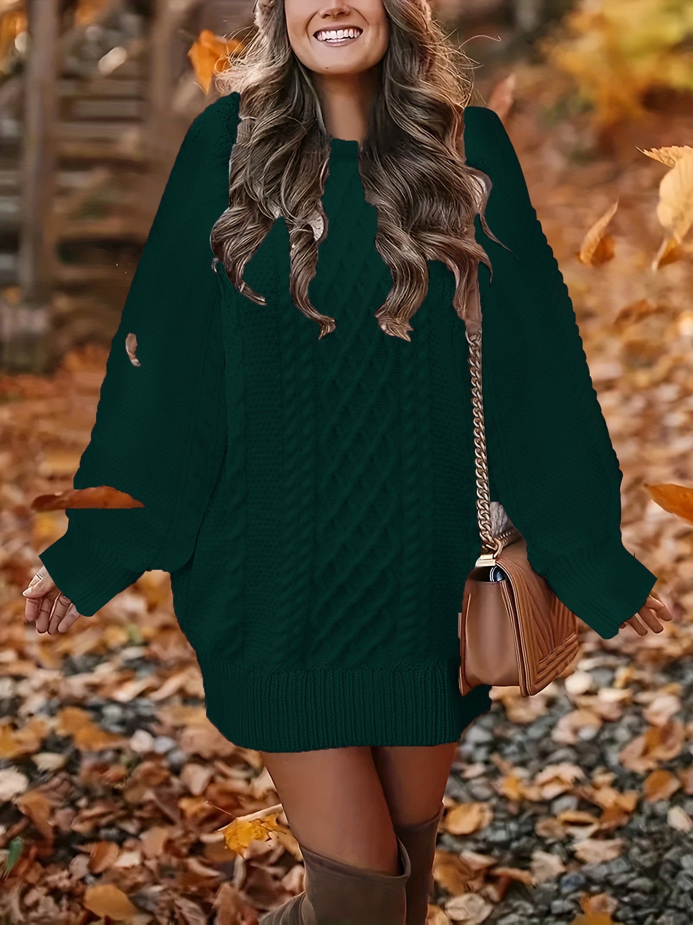 Cable Knit Crew Neck Long Sleeve Sweater Mini Dress 6