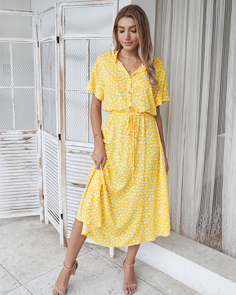Polka Dot Print V-Neck Button Down Drawstring Waist Shirt Midi Dress