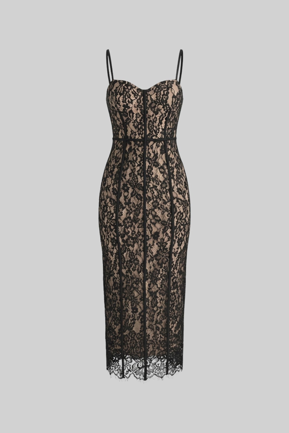 Lace Sweetheart Neck Spaghetti Strap Corset Bodice Scalloped Hem Midi Dress 2