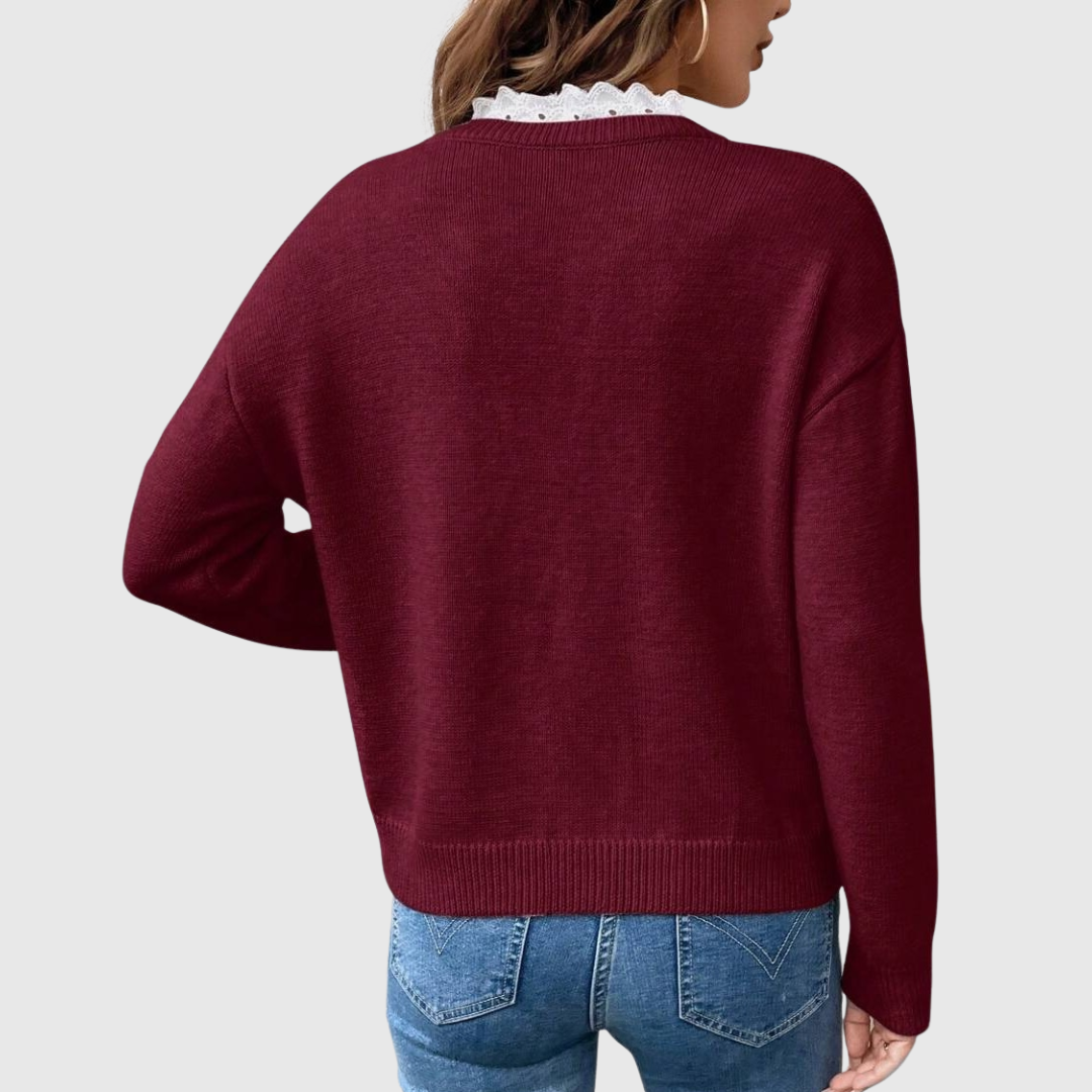 V-Neck Lace Trim Long Sleeve Sweater