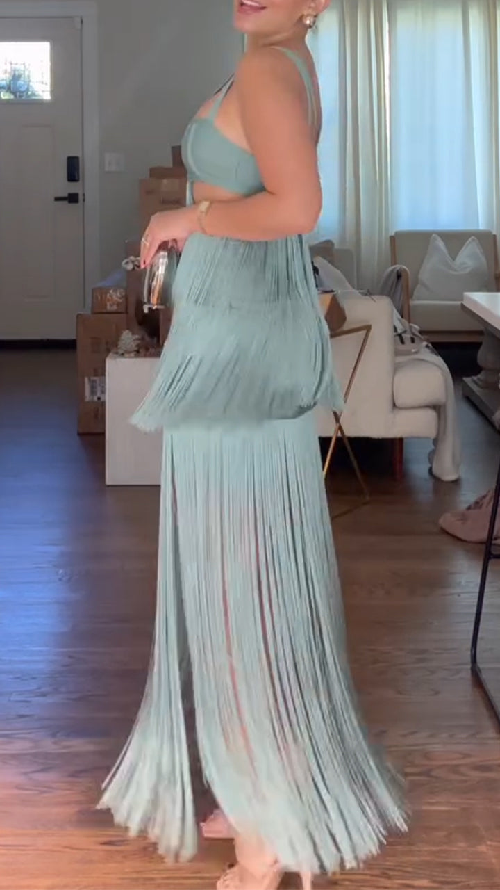 Spaghetti Strap Cut Out Fringe Maxi Dress Party 4