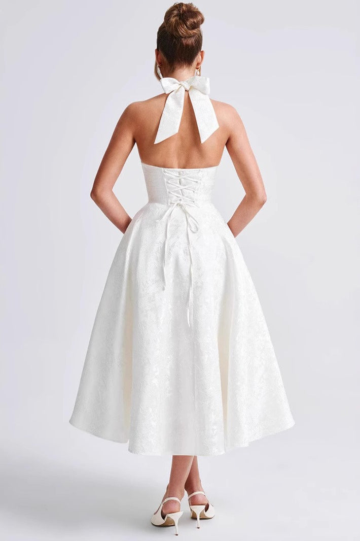 Halter Deep V-Neck Corset Jacquard Fit and Flare Midi Dress
