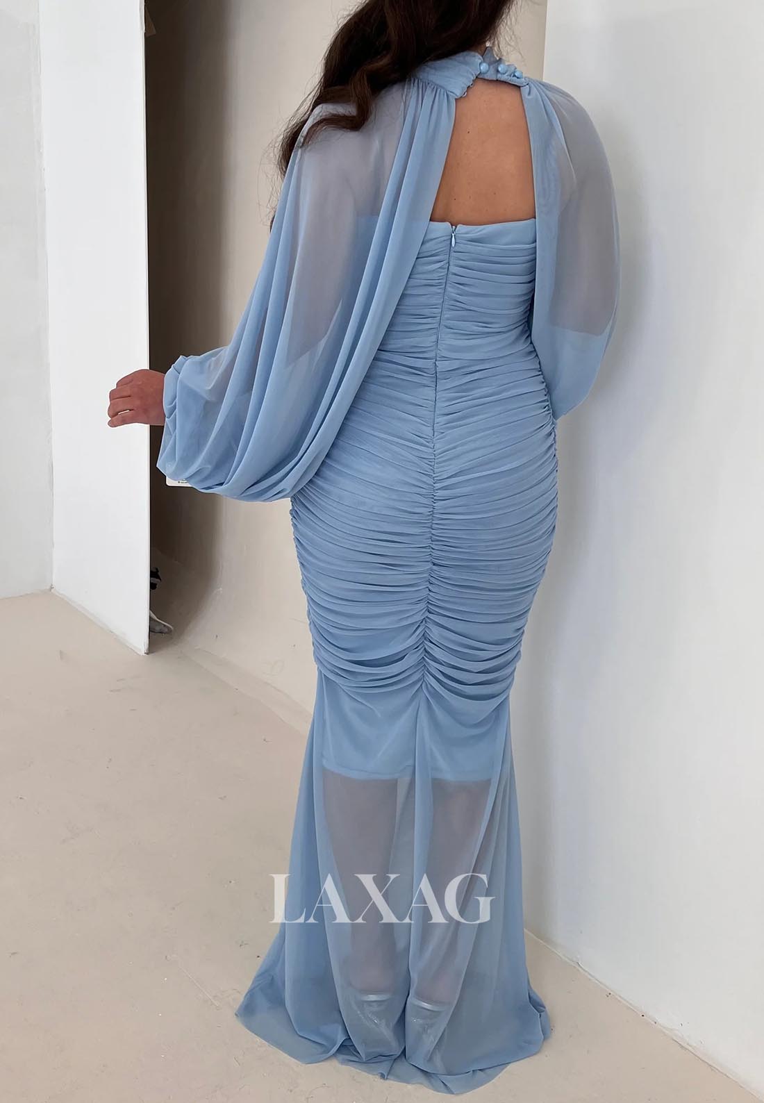 High-Neck Long-Sleeves Mermaid Evening Dress Pleated Sheer Tulle Floor-Length Formal Gowns