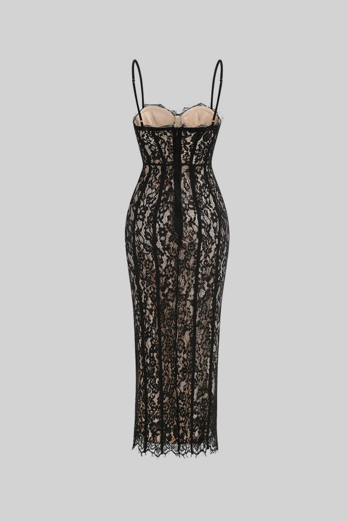 Lace Sweetheart Neck Spaghetti Strap Corset Bodice Scalloped Hem Midi Dress 8