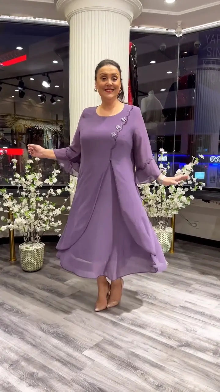 Crew Neck Three Quarter Sleeve Floral Applique Chiffon A-Line Midi Dress
