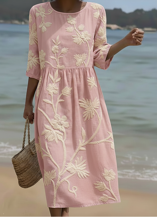 Round Neck Half Sleeve Floral Embroidered Smock Midi Dress