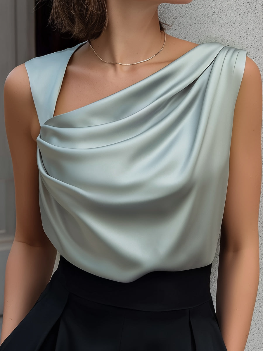 Satin Asymmetric Draped Neck Sleeveless Top