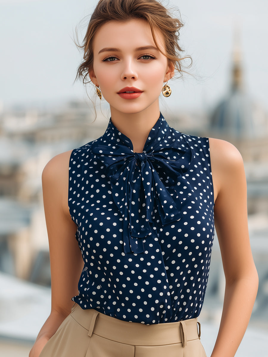 Polka Dot Bow Tie Neck Sleeveless Blouse