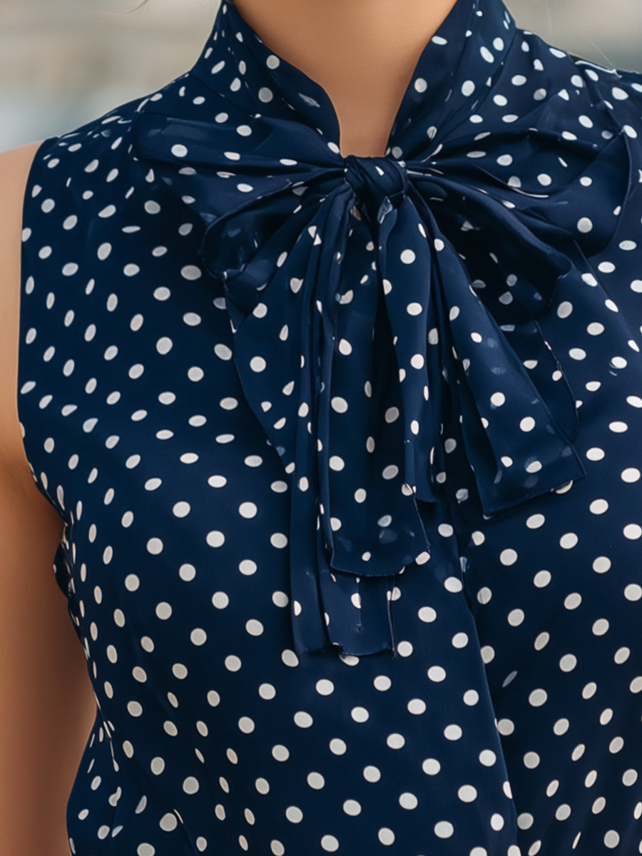 Polka Dot Bow Tie Neck Sleeveless Blouse