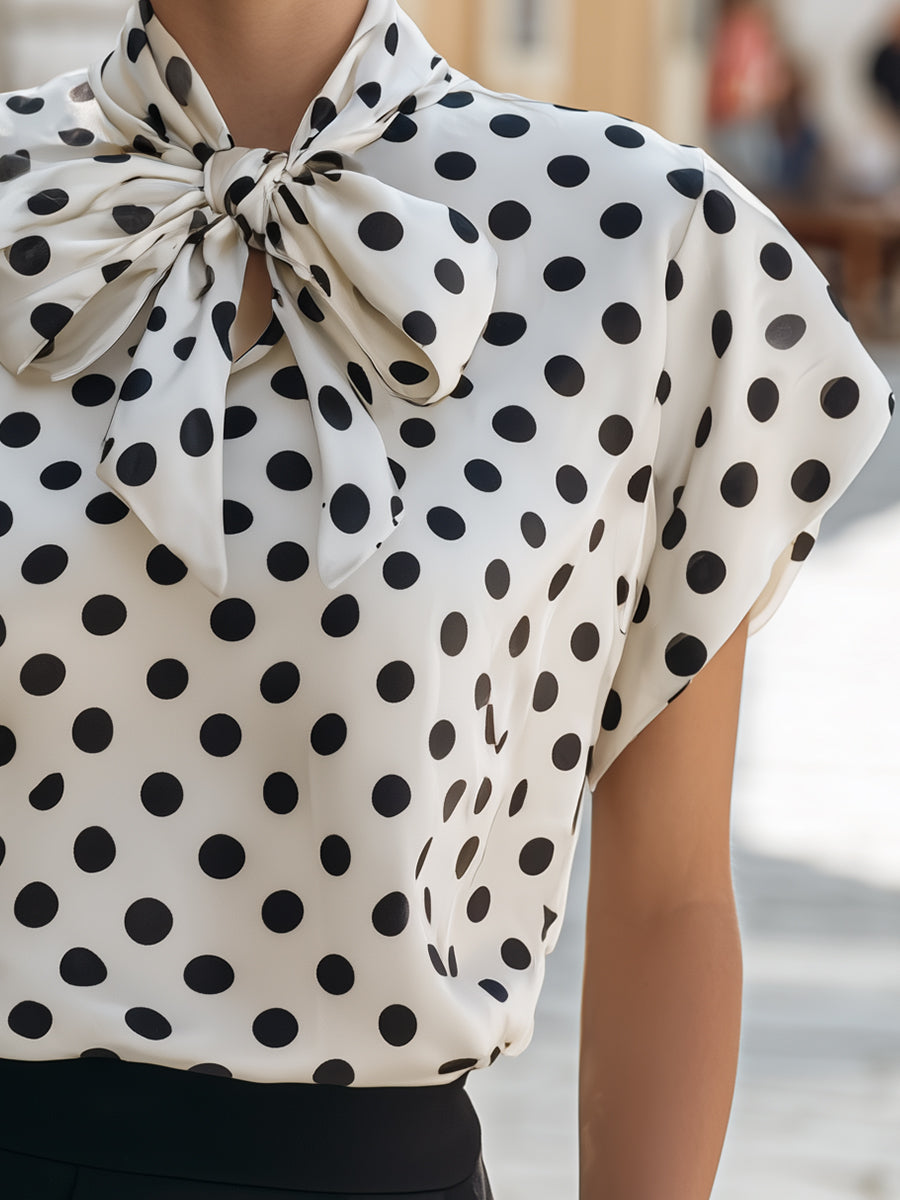 Satin Polka Dot Bow Tie Neck Cap Sleeve Blouse