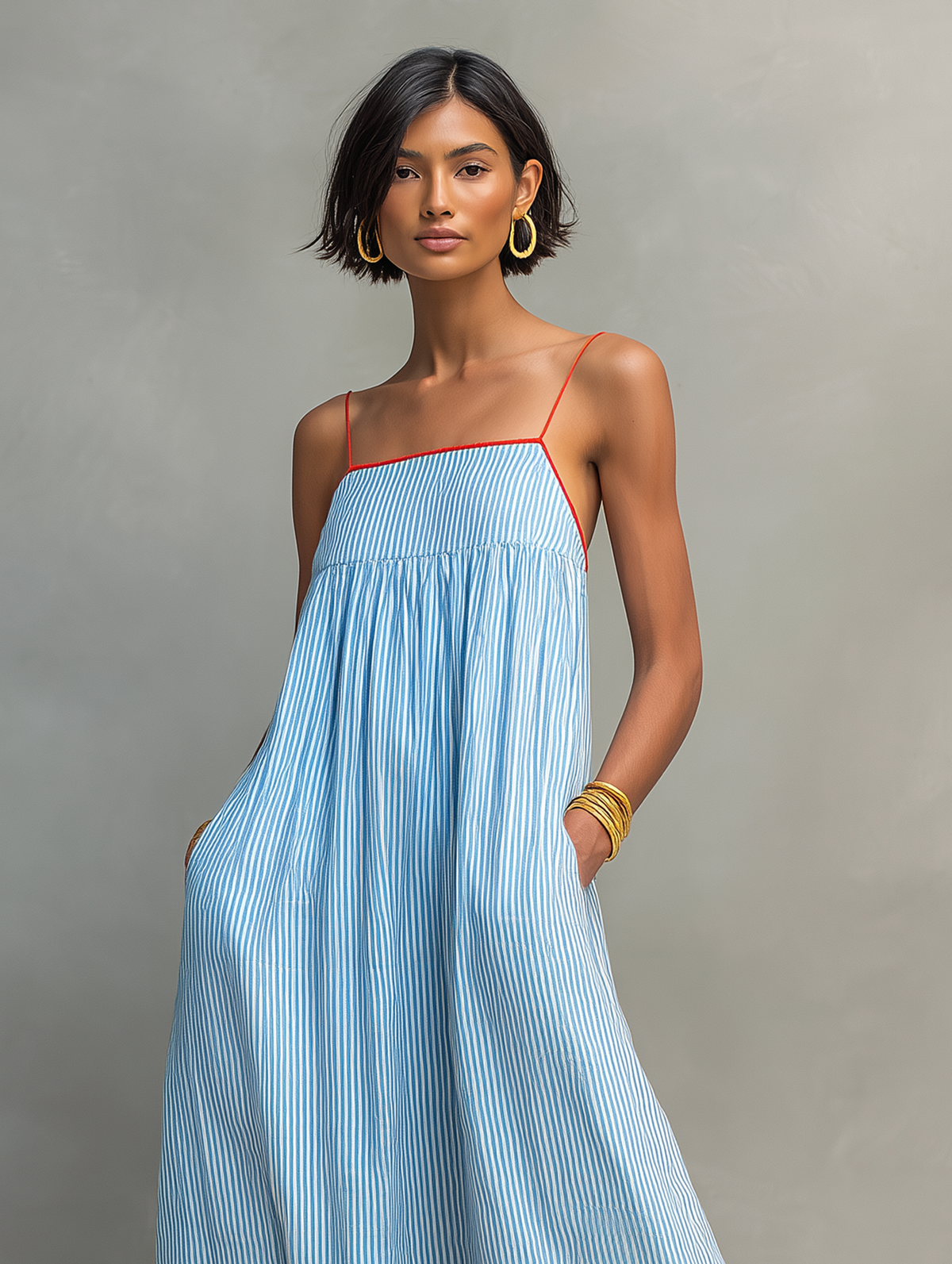 Pinstripe Square Neck Spaghetti Strap Contrast Trim Maxi Dress