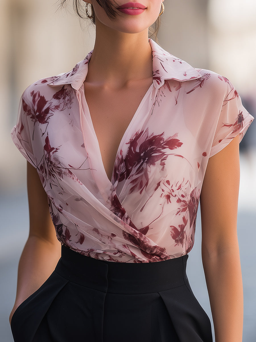Floral Collared Cap Sleeve Wrap Blouse