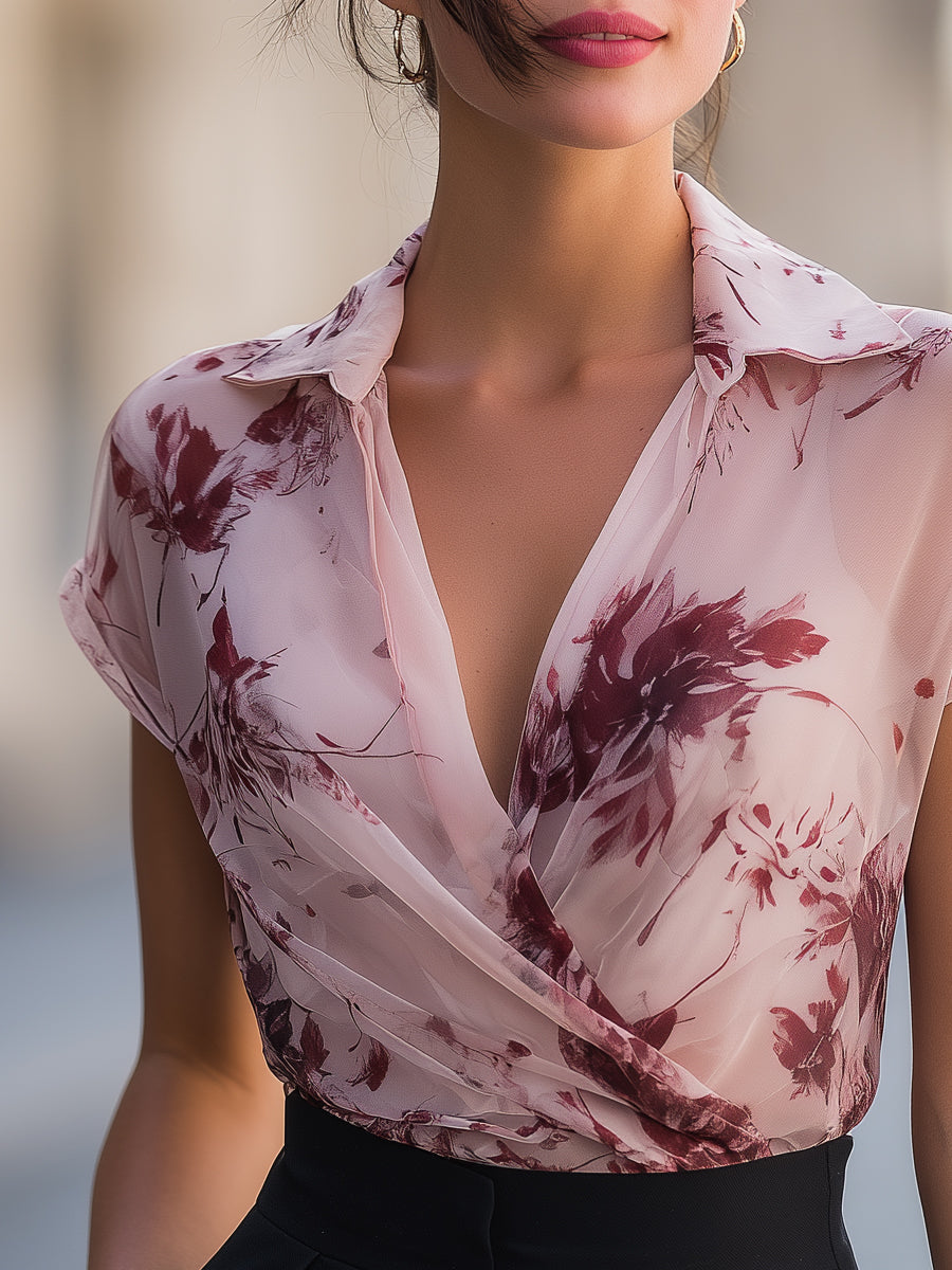Floral Collared Cap Sleeve Wrap Blouse