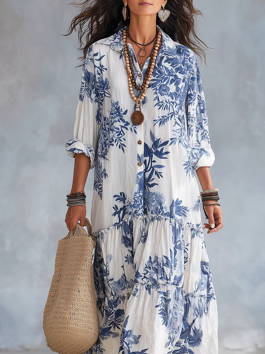 Floral Print Collared Button Front Tiered Maxi Shirt Dress