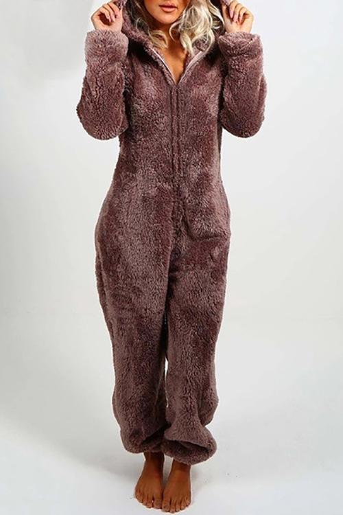 Fuzzy Hoodie Collar Jumpsuit Pajamas