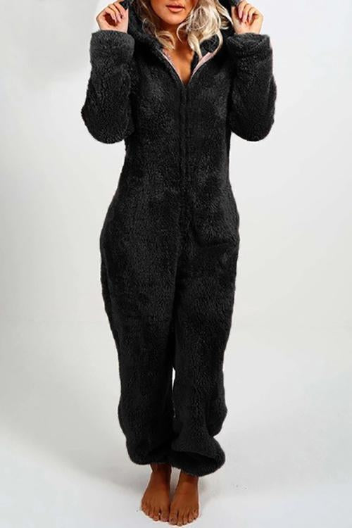 Fuzzy Hoodie Collar Jumpsuit Pajamas