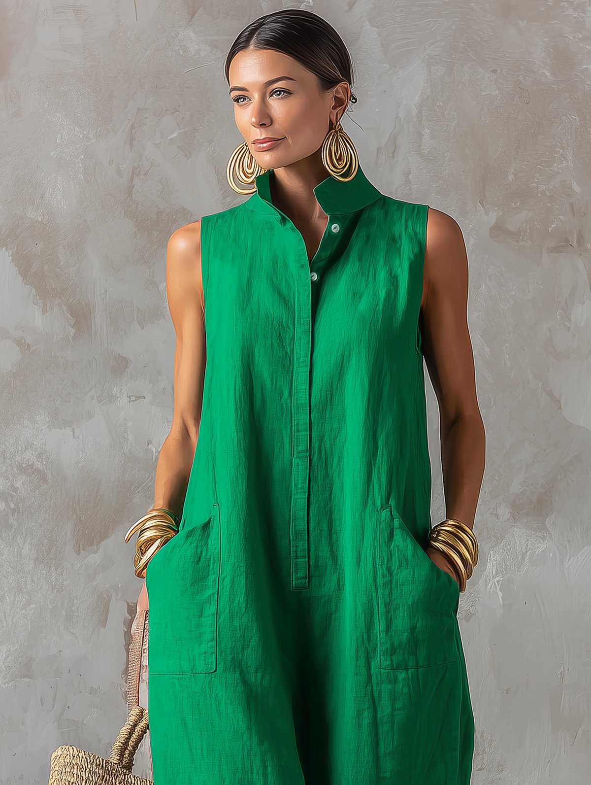 Sleeveless Stand Collar Button Front Wide Leg Jumpsuit with Pockets